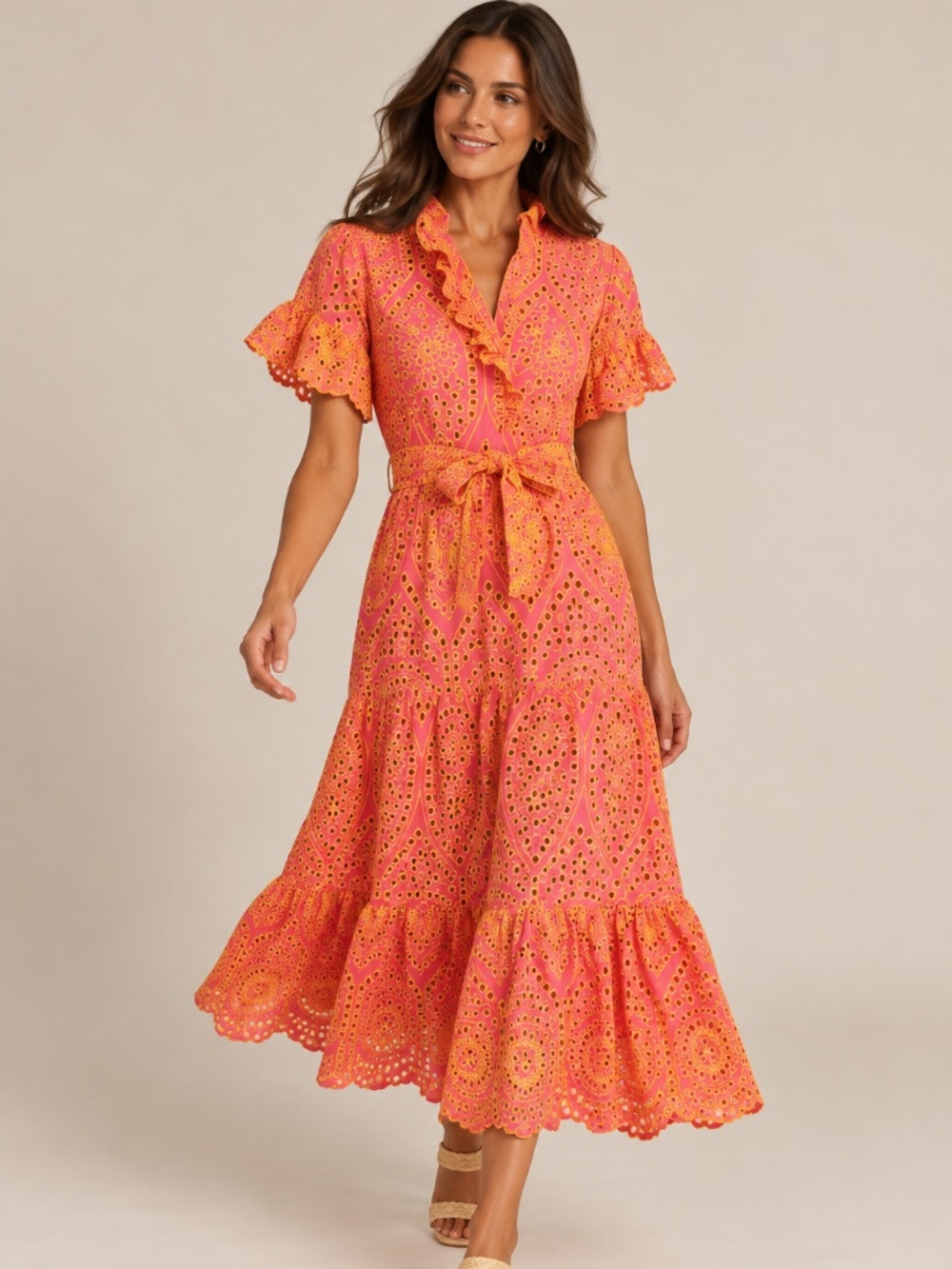 Abbey Glass Sadie Maxi Dress Sz XS Hot Pink/Yellow Eyelet
